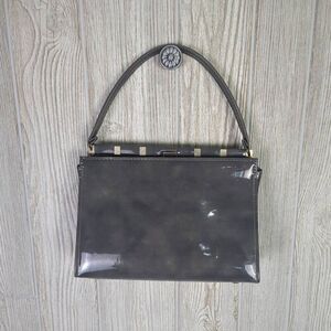 Vintage Mr Mart Womens Patent Leather Handbag Purse Gray Single Handle 11"x12"